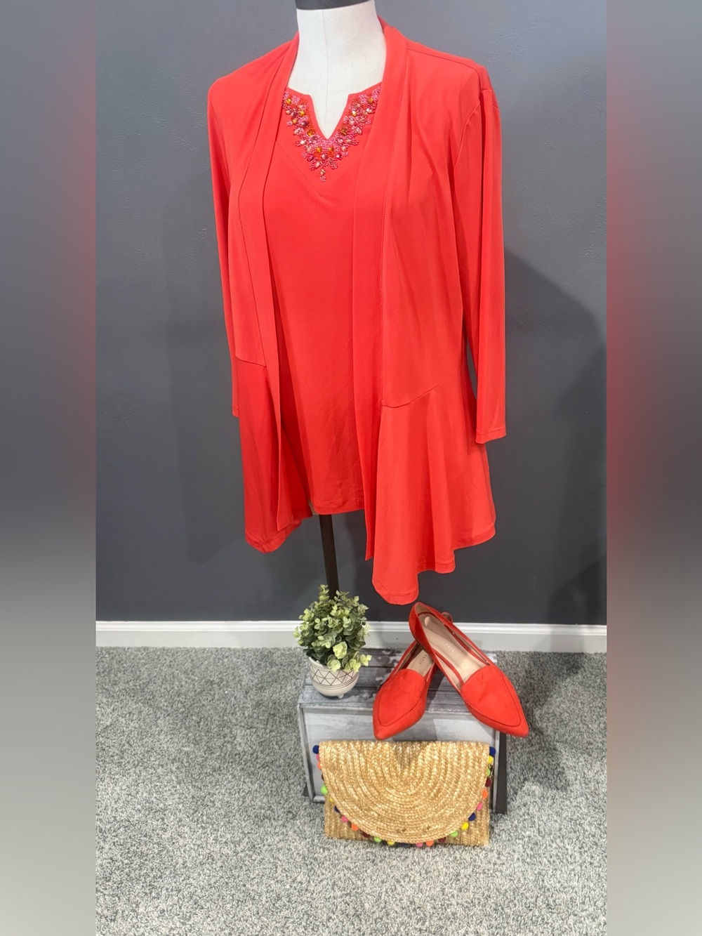 Susan Graver Red Long-Sleeve V-Neck Tunic with Embellished Neckline